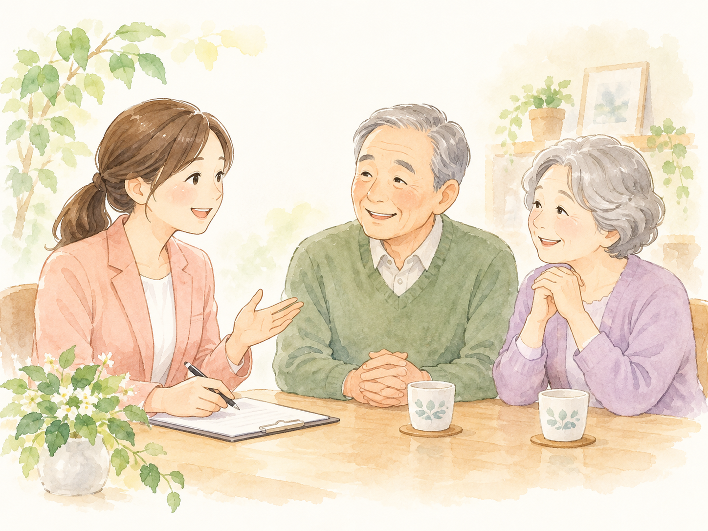 ご高齢のご夫婦と相談するスタッフのイラスト